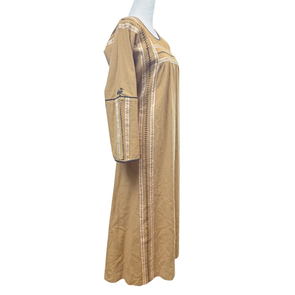 Josefa Vintage 70s 100% Cotton Long Kaftan Maxi Dress Size M Yellow Embroidered - Picture 3 of 9